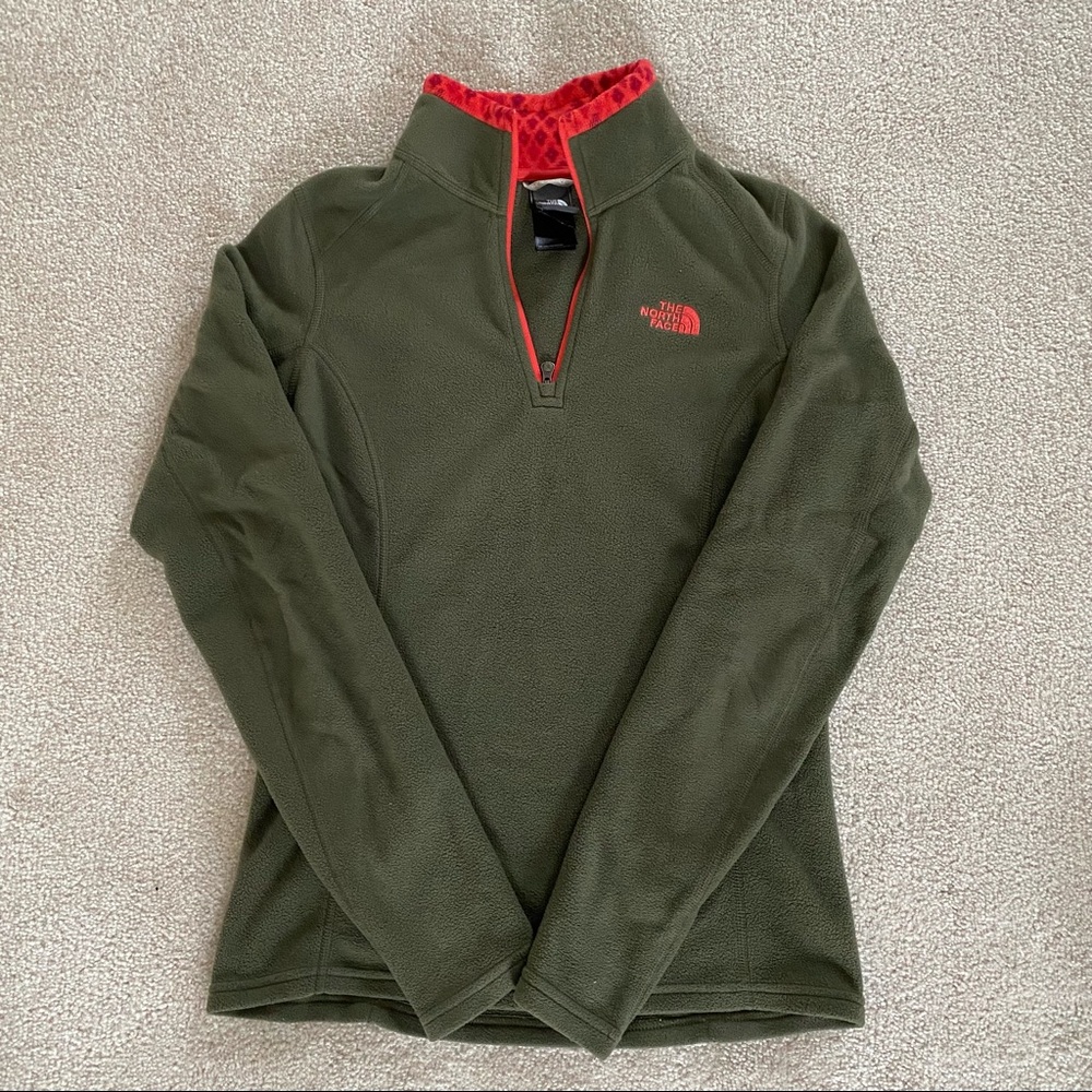 The North Face Quarter 1/4 Zip Fleece Pullover - Olive and Red Orange